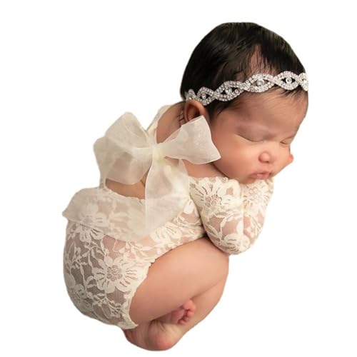 Baby Photography Props Outfit Lace Rompers Newborn Girl Photo Shoot Outfits Flower Headband Princess Costume - color: White