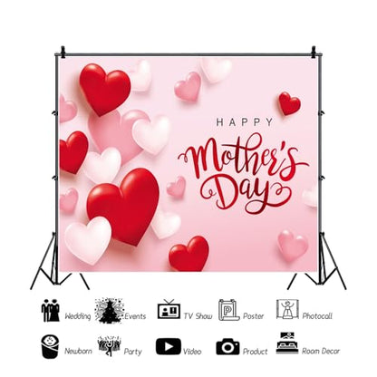 Happy Mother's Day Backdrop Red Pink Love Hearts Mothers Day Photography Background 10x8ft Mothers Day Party Banner Decorations Video Shoot Studio Photo Booth Props