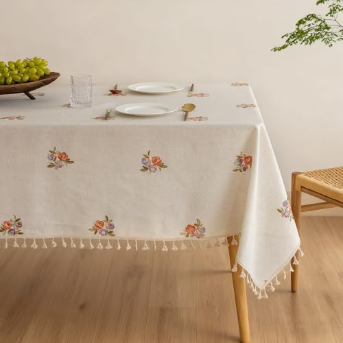 Cream Linen Tablecloth Rectangle 60 x 84 Inch Colorful Floral Pattern Embroidered Table Cloth with Tassel Heavy Duty Neutral Vintage Farmhouse Thick Faux Burlap Table Cover for Dining Party Holiday - color: Orange Embroidered Floral Pattern, size: 84" x 6