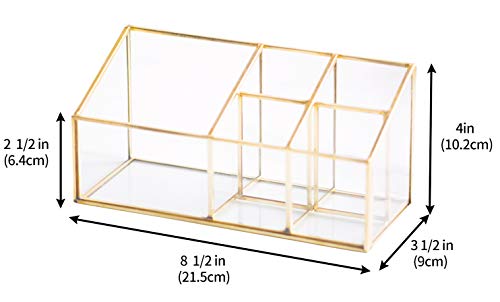 Golden Vintage Glass Box Clear Glass & Brass Metal Storage Jewelry and Cosmetic Makeup Brush Lipstick Holder Organizer Beauty Display with 5 Compartment