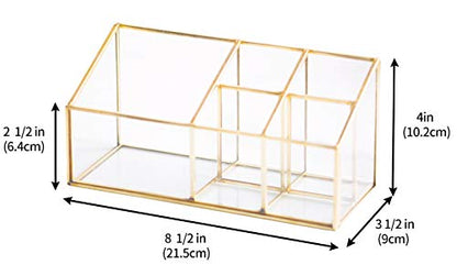 Golden Vintage Glass Box Clear Glass & Brass Metal Storage Jewelry and Cosmetic Makeup Brush Lipstick Holder Organizer Beauty Display with 5 Compartment