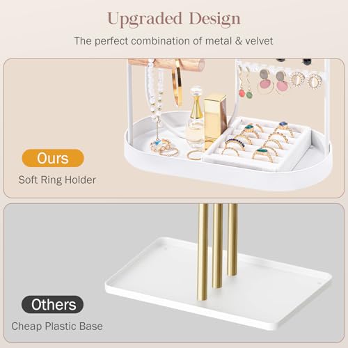 ProCase Jewelry Organizer Tower, 10 Hooks Jewelry Storage Rack Tree Holder Stand with Velvet Ring Display Tray for Necklaces Bracelets Earrings Rings Watches -White - color: White