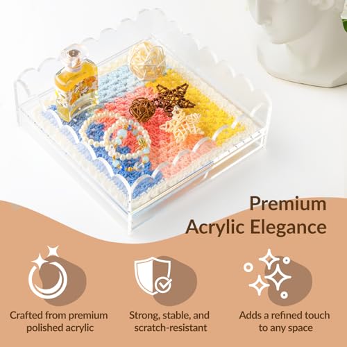 Scalloped Acrylic Tray, 9" x 9" Clear Acrylic Tray with Double Layer Drawer for Insert Needlepoint,Art, Customizable Photos,Fabric,Messages Display Basket,Decorative Tray Gift for Home Office - size: 9''x9''x2.5'' 2d