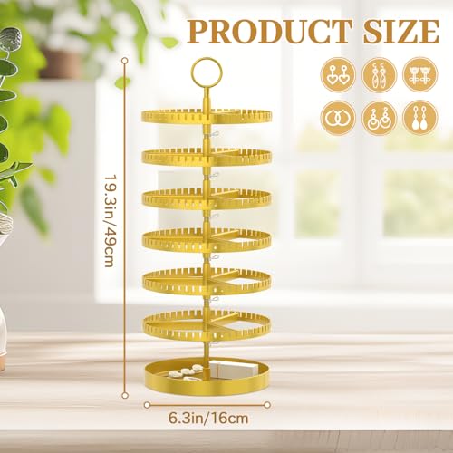 MODOWEY 6 Tier Rotating Earring Holder Organizer Display Tree with Metal Tray, Adjustable Plastic Stand with 342 Slots for Stud Hoop Hanger, Large Capacity Storage Rack for Women Space-Saving, Gold - color: Gold