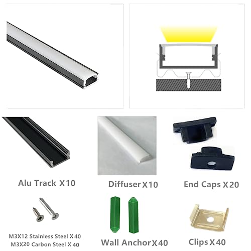 THMOOTHER LED Strip Black U Channel Diffuser 10-Pack 6.56FT,17X7.5MM Surface Mounted Tape Light Aluminum Track with Milky Cover Cabinet,Stairs,Counter,Wall Flush Installed Low Profile - color: Black