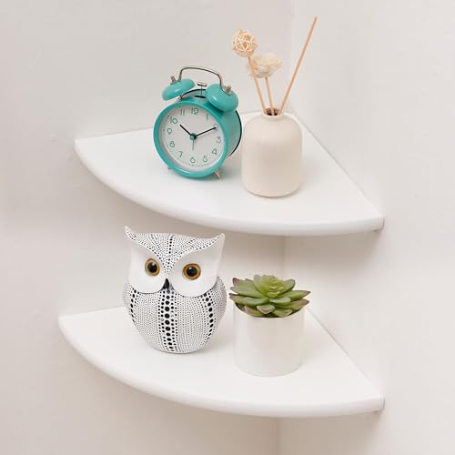 Corner Shelves, Floating Corner Shelf, Set of 2 White Solid Oak Wood Wall Shelves, Round End Wall Mount with Wire Hole Shelving for Small Plant for Bedroom Kitchen, Living Room 8.7" - color: White, size: 8.7in 2p