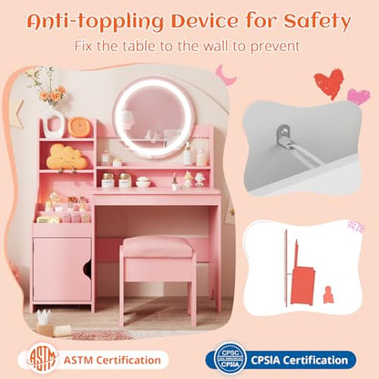 Vabches Kids Vanity with Lights, Princess Makeup Vanity Desk with Open Bookshelf, Storage Cabinet & Shelves, Toddler Vanity Table and Chair Set, Pretend Play Vanity Set for Little Girls, Pink - style: Pink