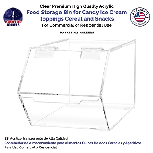 Marketing Holders Small Food Storage Bin with Hinged Lid for Ice Cream Toppings 5" x 9" Candies Nuts Granola Cereal and Wrapped Snacks Clear Acrylic - size: Candy Bin-Small