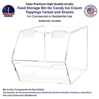 Marketing Holders Small Food Storage Bin with Hinged Lid for Ice Cream Toppings 5" x 9" Candies Nuts Granola Cereal and Wrapped Snacks Clear Acrylic - size: Candy Bin-Small