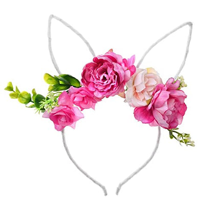 Bubbmi Easter Bunny Ear Headband with Flowers Crown Hairbands Festival Costume Hair Accessories for Women - color: White-red