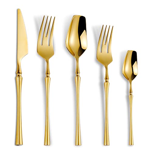 Lemeya 20-Piece Gold Silverware Set for 4,Modern 18/10 Stainless Steel Flatware Set,Unique Rustic Cutlery Utensils Set,Spoon and Fork Set for Home, Restaurant,Wedding,Mirror Polished,Dishwasher Safe - color: Gold 20 Pieces Set with Tea Spoon