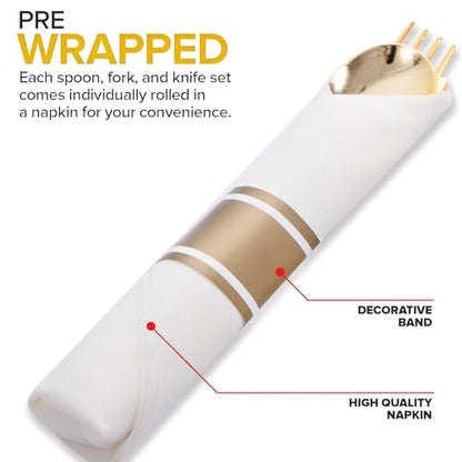 200Guests Pre Rolled Gold Plastic Silverware Sets - Heavy Duty Gold Cutlery - Include 200 Pack Wrapped Disposable Utensils with Napkins for Parties & Dinners & Weddings - color: 200Pack - Gold