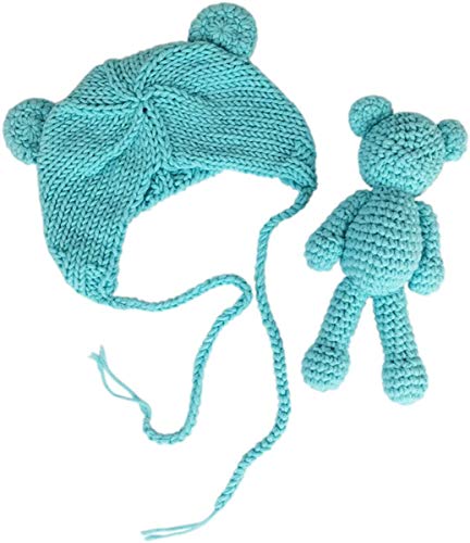 Newborn Baby Photo Shoot Props Boys Girls Crochet Knitted Hat Bear Hat Beanie with Bear Dolls Photography Props - color: Blue