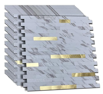 10-Sheet Peel and Stick Backsplash Tile, PVC Mixed Metal Stick on Backsplash Tiles for Kitchen (White Marble + Gold-2, 10) - color: White Marble + Gold-2, size: 10