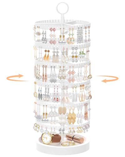 iDavosic.ly 6 Tier Rotating Earring Holder Organizer with Wooden Tray, Large Dangle Display Stands Tree with 342 Plastic Grooves, Adjustable Hoop Storage Rack, Space Saving Tower, White - color: Glossy White, size: 6 Tiers