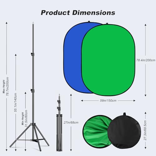 Soonpho 5x7ft/1.5x2m Collapsible Chromakey Backdrop, 2-in-1 Double-Sided Green and Blue Screen Panel Backdrop with 6.5ft/2m Light Stand, Reflector Clip and Clamps for Photo Studio Video Shooting