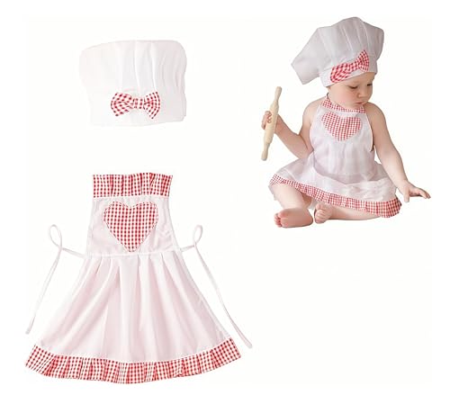 Baby Chef Outfit Apron And Chef Hat Set, Baby Photoshoot Props Boy Newborn Photography Costume Infant Bakery Outfits - color: Red for Girls