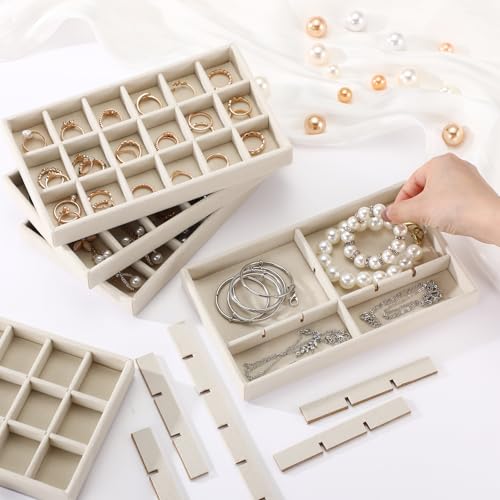 Highergo 8 Pcs Velvet Jewelry Trays Stackable Drawers Organizer Ring Earring Bracelet Necklace Storage Trays, 8.3x4.7x1''(18 Grids) - style: 18 Grids