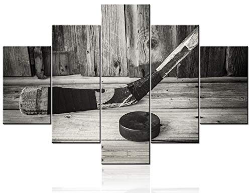 5 Piece Canvas Wall Prints Art Vintage Hockey Stick and Puck On Old Wooden Background Painting Gray Rustic Artwork Picture Decor for House Living Room Office Wooden Framed Ready to Hang(60''Wx40''H) - color: Artwork-34, size: 60''W x 40''H