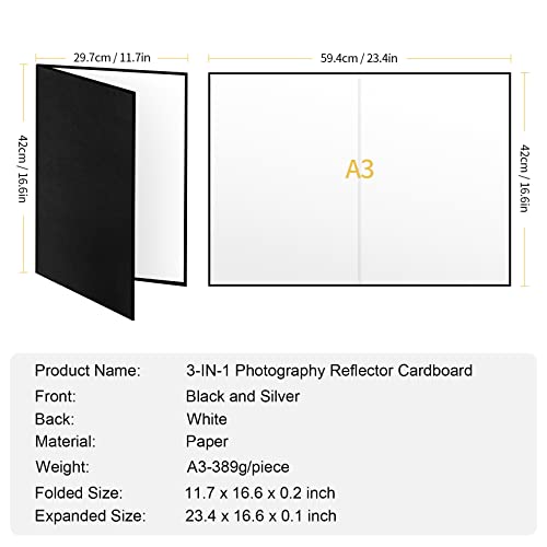 Meking 3 in 1 Photography Reflector Cardboard, 17"x12"/42x30cm A3 Folding Light Diffuser Board for Still Life, Product and Food Photo Shooting - Black, Silver and White - size: 1Pcs A3 Black Silver White