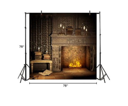 Laeacco Fantasy Room Interior Backdrop 6.5x6.5ft Vinyl Photography Background Flame and Fireplace Magical Books Candle Retro House Background - size: 6.5x6.5ft
