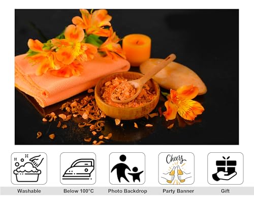5x4ft Orange Spa Bath Salt Backdrop with Floral Elements and Orange Candle Photography Background for Skincare Relaxation and Summer Party Decorations Banner Photo Booth Props - size: 5x4ft
