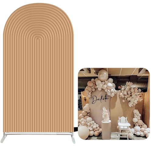 Double-Sided Arch Frame Fabric Cover Beige White Ripples Arched Panel Stand Cover for Wedding Birthday Baby Shower Parties Decoration (Brown-HP465,4X7ft) - color: Brown-HP465, size: 4X7ft