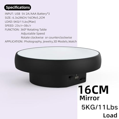 JAYEGT Motorized Rotating Display Stand, 6.3inch /11 Lbs Load ,Mirror Cover ，360 Degree Electric Rotating Turntable ,Cup Display Turner Stand,Photography Products, Jewelry ,Tumbler-Black