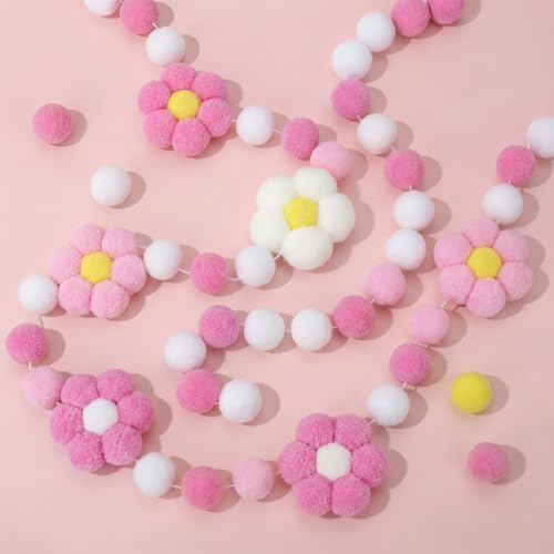 Tatuo 3 Pcs Spring 3D Pompom Ball Garland Pastel Daisy Sunflower Garlands Felt Floral Banner Hanging Flower Pastel Decor for Easter Holiday Birthday Party Boho Home Prop Photo(Floral,Pink) - color: Pink, style: Floral