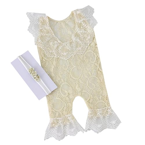 Baby Photography Props Outfit Lace Rompers Newborn Girl Photo Shoot Outfits Flower Headband Princess Costume - color: Beige a