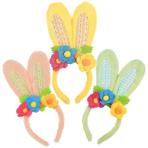 3 Pack Luxurious Easter Bunny Ears Headband Cute Plush Rabbit Ears for Kids Adult Cosplay Birthday Party Supplies - color: 3pcs Headband With Flowers-1