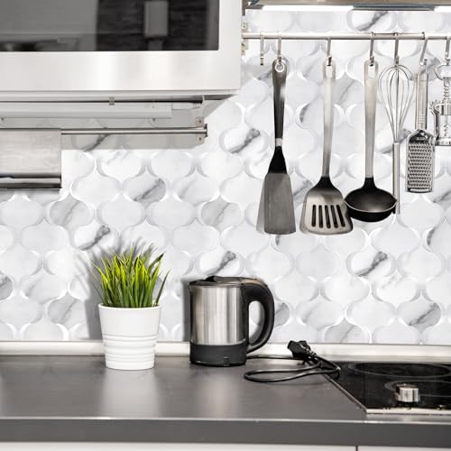10 Sheet Arabesque Peel and Stick Backsplash Tile, Stick on Backsplash for Kitchen and Bathroom Wall, Marble White Look PVC Mixed Metal Aluminum - color: Marble White Mixed Metal Silver
