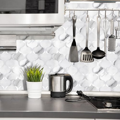 10 Sheet Arabesque Peel and Stick Backsplash Tile, Stick on Backsplash for Kitchen and Bathroom Wall, Marble White Look PVC Mixed Metal Aluminum - color: Marble White Mixed Metal Silver