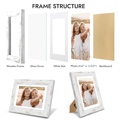 Hongkee 4x6 Picture Frame with Glass, Display Pictures 3.5x5 with Mat or 4 x 6 without Mat - Wall and Tabletop, 4 by 6 Photo Wooden Frames (Distressed White, 1 Pack) - color: Distressed White, size: 4X6 in