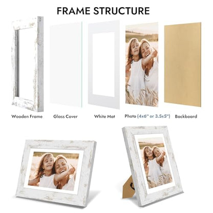 Hongkee 4x6 Picture Frame with Glass, Display Pictures 3.5x5 with Mat or 4 x 6 without Mat - Wall and Tabletop, 4 by 6 Photo Wooden Frames (Distressed White, 1 Pack) - color: Distressed White, size: 4X6 in