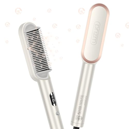 Prizm Hair Straightener Brush, 20s Fast Heating, Negative Ions Hair Straightening Comb with Less Frizz, 4 Temp Settings & LED Display, Anti-Scald Design for Home Salon, Dual Voltage, Champagne Silver - color: Champagne Silver