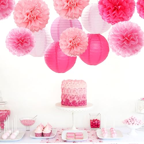 Light-Hot Pink Party-Decorations Paper-Flowers Lanterns - 15pcs Graduation Girl Birthday Decor Tissue Pom Poms Streamers, Bridal Baby Shower Wedding Bachelorette Valentine Hanging Supplies Hugfond - color: Light Pink Dark Pink Rose