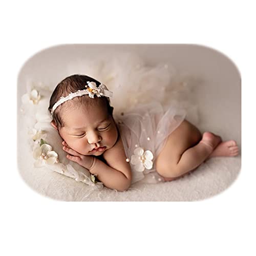 Coberllus Newborn Photography Props Boys Girls Wrap Blanket Baby Photo Shoot Floral Pearl Decorative Mesh Rug Layer Basket Filler (White) - color: White