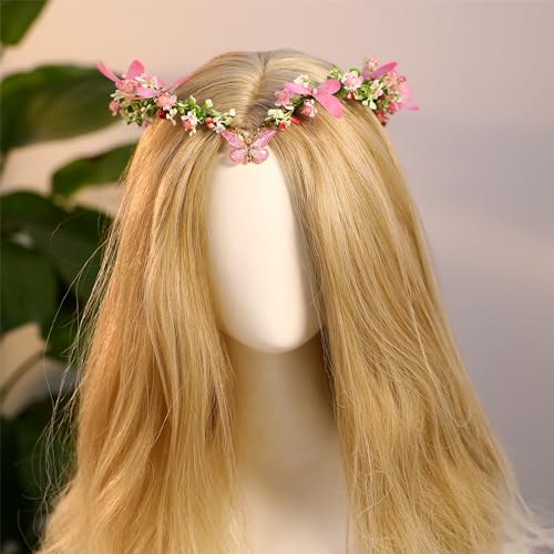 MOSTORY Handmade Fairy Butterfly Crown - Elf Flower Hadpiece Elven Headband for Women s Spring Wedding Maternity Shoot - color: Pink-green