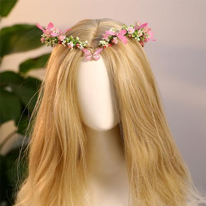 MOSTORY Handmade Fairy Butterfly Crown - Elf Flower Hadpiece Elven Headband for Women s Spring Wedding Maternity Shoot - color: Pink-green