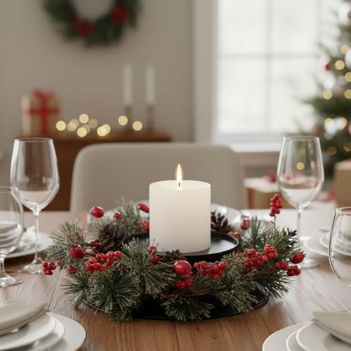 MOYEE Candle Holder Centerpieces for Tables,Candle Ring,Wreaths, Black Metal Candle Stick Paired Artificial Flowers 14 in Versatile Dining Table Centrepiece - color: Pine Needle and Red Pine Cone Wreath