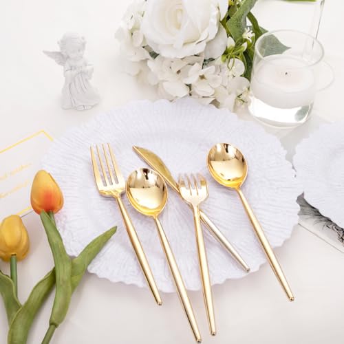 SUT 150PCS Gold Plastic Silverware, Plastic Utensils,Gold Silverware Disposable,Disposable Utensils Heavy Duty,Plastic Cutlery Set,Includes:50 Knives, Forks and Spoons for Party, Birthday,Wedding - style: Gold