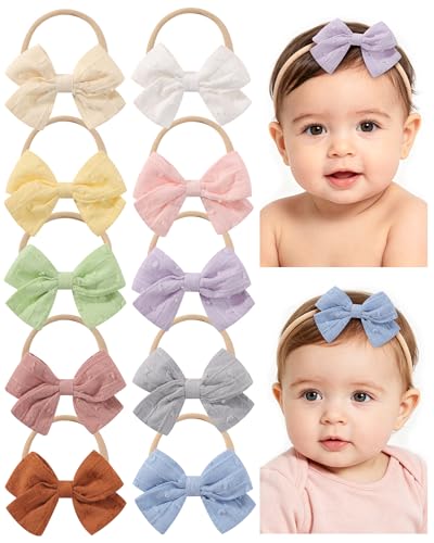 jollybows Baby Girls Cotton Hair Bows Headbands Nylon Hair Bands Elastic Hair Accessories for Newborn Kids Infants Toddlers 10Pcs Solid Linen - color: Light Solid Color