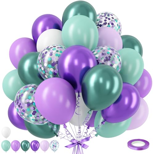 Mermaid Balloon, 12 Inch Mermaid Theme Balloon, Metallic Purple Green Party Balloons, Teal Green Purple and White Balloons with Confetti for Mermaid Party Girls Birthday baby shower Decoration - color: Purple and Green