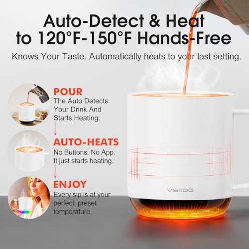 Vsitoo S6 Plus Smart Coffee Mug, 12oz,Temperature Controlled Mug & Electric Coffee Mug with Music Sync Lights，Auto-Sensing AI Heats Drinks to 120-150°F Hands-Free. Ideal for Home/Office/Gifts - White - color: White