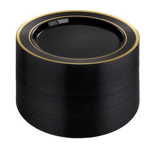 BESTVIP 100PCS Black Plastic Plates, 10.25 Inch Disposable Dinner Plate Party with Gold Rim for Christmas, Thanksgiving, Heavy Duty Disposable Plastic Plates for Party, Wedding and Birthday, Events - color: Black/Gold, size: 100PC