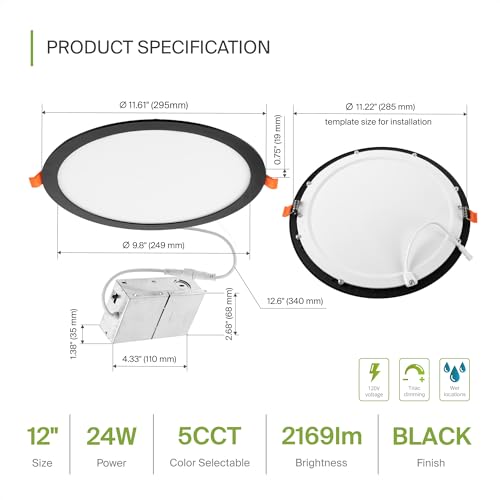 ASD 4 Pack 11/12 Inch LED Recessed Lighting 24W, 5 CCT 2700K-5000K CRI90+, IC Rated Ultra Thin Dimmable Ceiling Lights with J Box, Canless Wafer Downlight, Round Slim Panel Light, UL Listed, Black - color: Black, size: 12 Inch 4 Pack