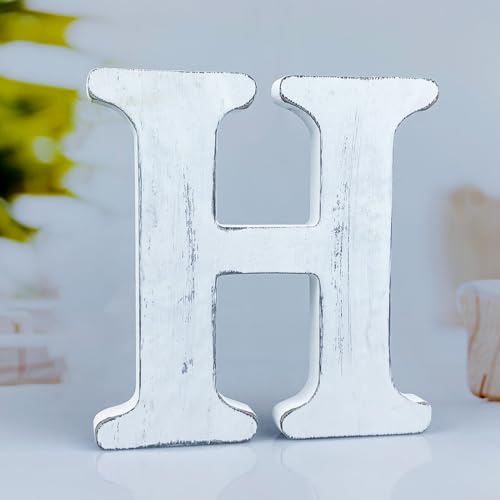 6 Inch Rustic White Wood Letters Unfinished Wood Letters for Wall Decorative White Retro Standing Letters Sign Board Decoration for Craft Home Party Projects (H) - color: H