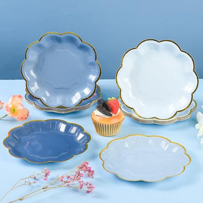 AimFun 48 Pcs Dusty Blue Party Plates Gradient Blue Dessert Paper Plates 7inch Gold Foil Scalloped Edge Disposable Cake Plates for Tea Party Birthday Bridal Baby Shower Wedding Party Supplies - color: Dusty Blue