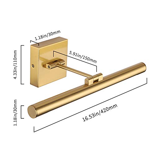 LED Picture Light Fixtures 16.54 Inches, Modern Metal Artwork Wall Lamps with Single Swing Arm, 7W (50W Eqv.), Hardwired Connection, Non-Dimmable, 3000K Warm White, CRI80+, Golden-Like Brass Finish - color: Brass, size: Non-Dimmable 16.53" Long